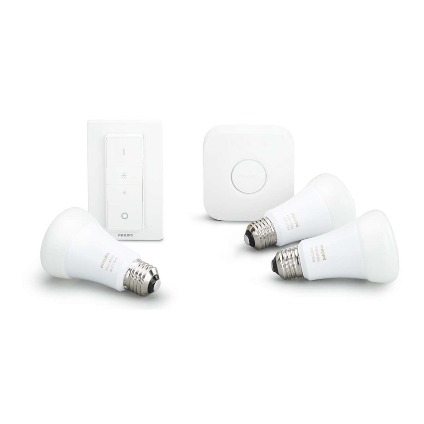 Aloituspaketti Philips Hue STARTER KIT WHITE 3xE27/9W 2700K + Hue bridge ja himmentimenkytkin