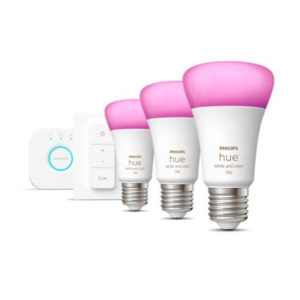 Aloituspaketti Philips Hue WHITE AND COLOR AMBIANCE 3xE27/9W 2000–6500K + Hue Bridge ja himmenninkytkin