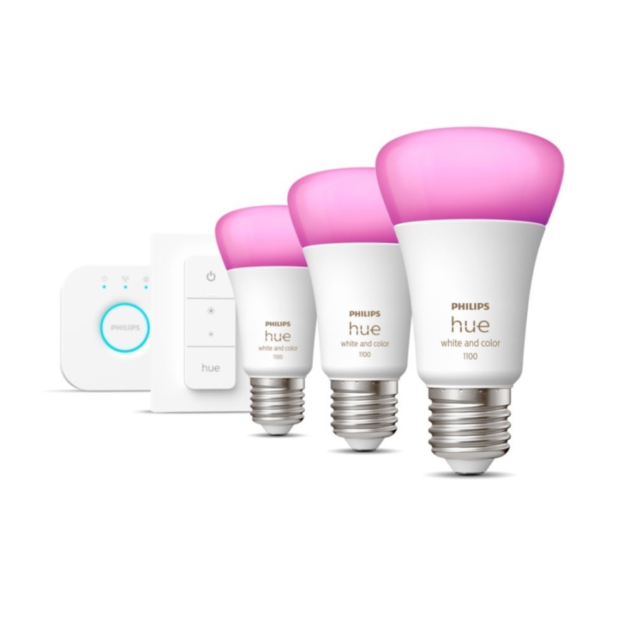 Aloituspaketti Philips Hue WHITE AND COLOR AMBIANCE 3xE27/9W 2000–6500K + Hue Bridge ja himmenninkytkin