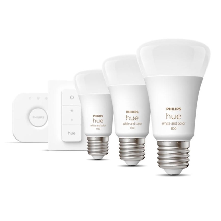 Aloituspaketti Philips Hue WHITE AND COLOR AMBIANCE 3xE27/9W 2000–6500K + Hue Bridge ja himmenninkytkin