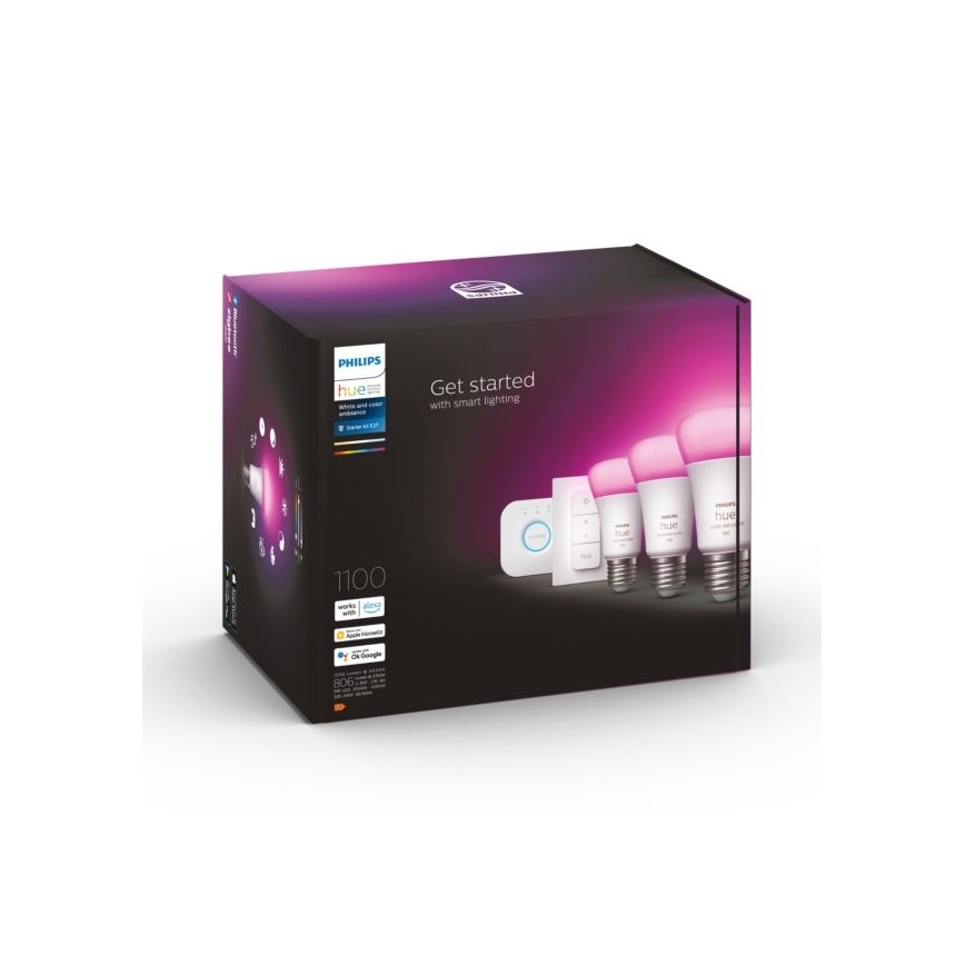 Aloituspaketti Philips Hue WHITE AND COLOR AMBIANCE 3xE27/9W 2000–6500K + Hue Bridge ja himmenninkytkin