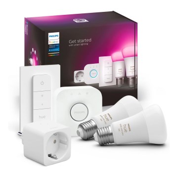 Philips Hue WHITE AND COLOR AMBIANCE -aloituspaketti 2xE27/9W/230V 2200-6500K + älypistorasia, Hue Bridge ja himmenninkytkin