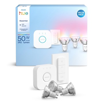 Philips Hue White and Color Ambiance Essential - aloituspaketti (3 × GU10, 4,7 W, 230 V, 2200–6500 K) + Hue Bridge