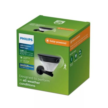 Philips - LED-aurinkoseinävalaisin anturilla KYNA LED/3,8W/3,7V 800 mAh 2700K IP44 musta