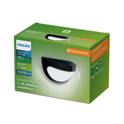 Philips - LED-aurinkokennolla toimiva seinävalaisin anturilla SWYN LED/3,8W/3,7V 800 mAh 2700K IP44 musta