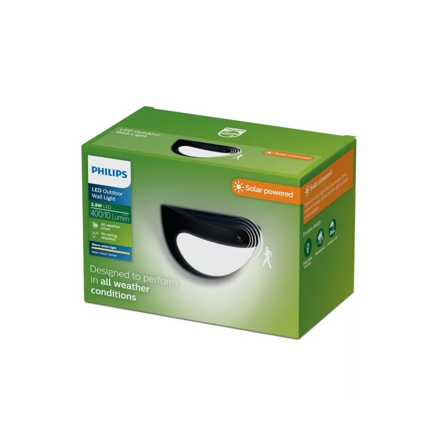 Philips - LED-aurinkokennolla toimiva seinävalaisin anturilla SWYN LED/3,8W/3,7V 800 mAh 2700K IP44 musta