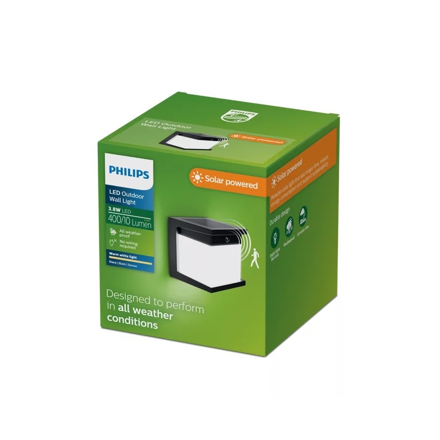 Philips - LED-aurinkokäyttöinen seinävalaisin anturilla DIARA LED/3,8W/3,7V 800 mAh 2700K IP44 musta