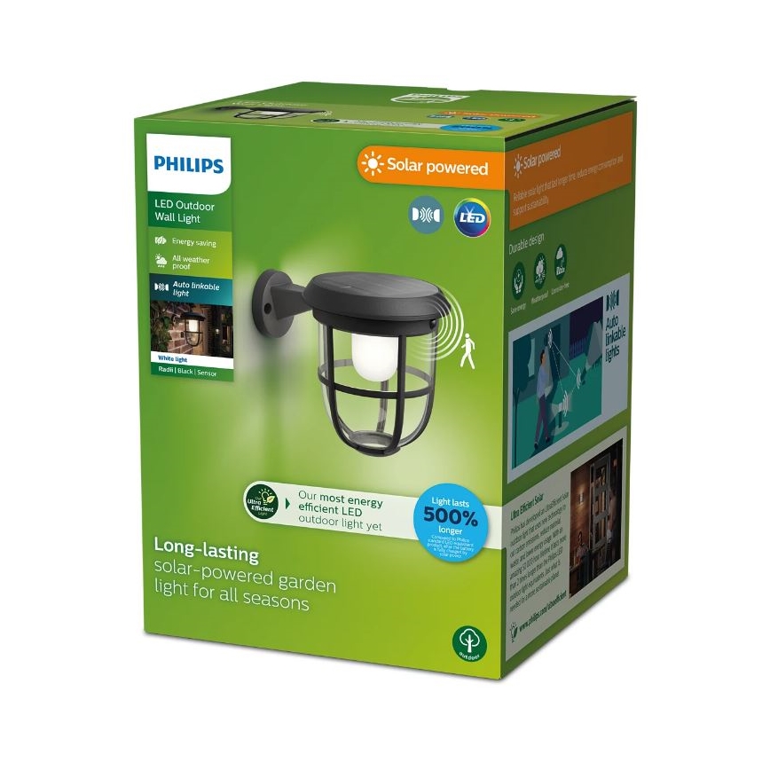 Philips - LED aurinkokäyttöinen seinävalaisin liiketunnistimella ja hämäräkytkimellä RADII LED/1,3W/3,7V 2000 mAh 3000K IP44