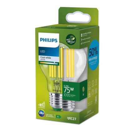 Philips LED-filamenttilamppu A60 E27/5,2W/230V 4000K