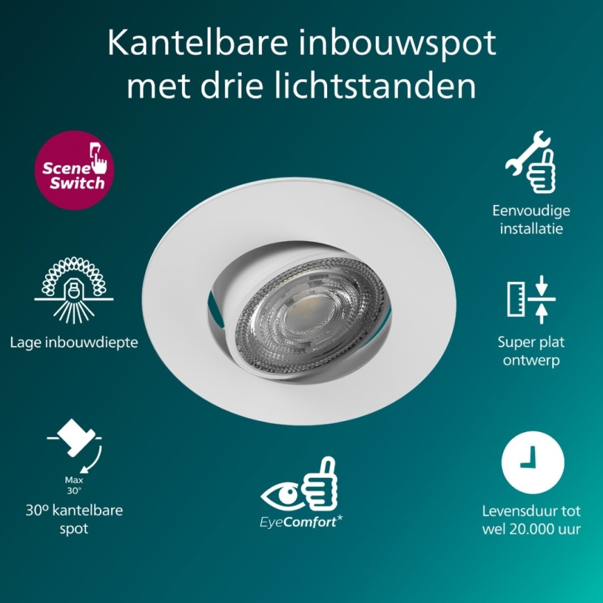 Philips - himmennettävä LED-uppovalaisin CILANTRO, 5 W, 230 V, 2700 K, valkoinen