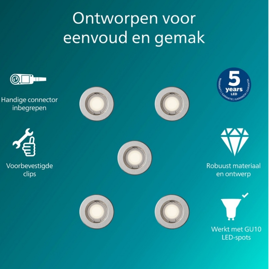 Philips - PERIDOT upotettava kattovalaisin, 5 kpl:n sarja, 1x GU10/7W/230V, hopea