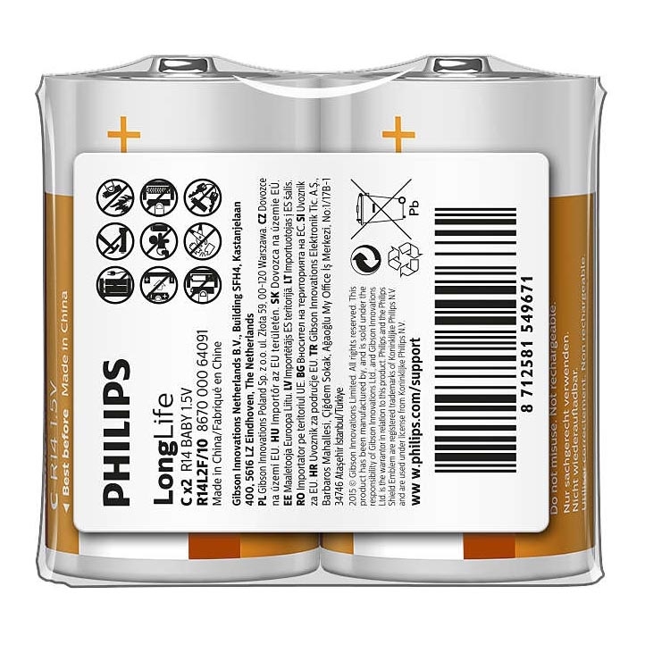 Philips R14L2F/10 - 2 kpl Sinkkikloridiparisto C LONGLIFE 1,5V 2800mAh