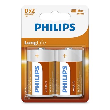 Philips R20L2B/10 - 2 kpl Sinkkikloridiparisto D LONGLIFE 1,5V 5000mAh