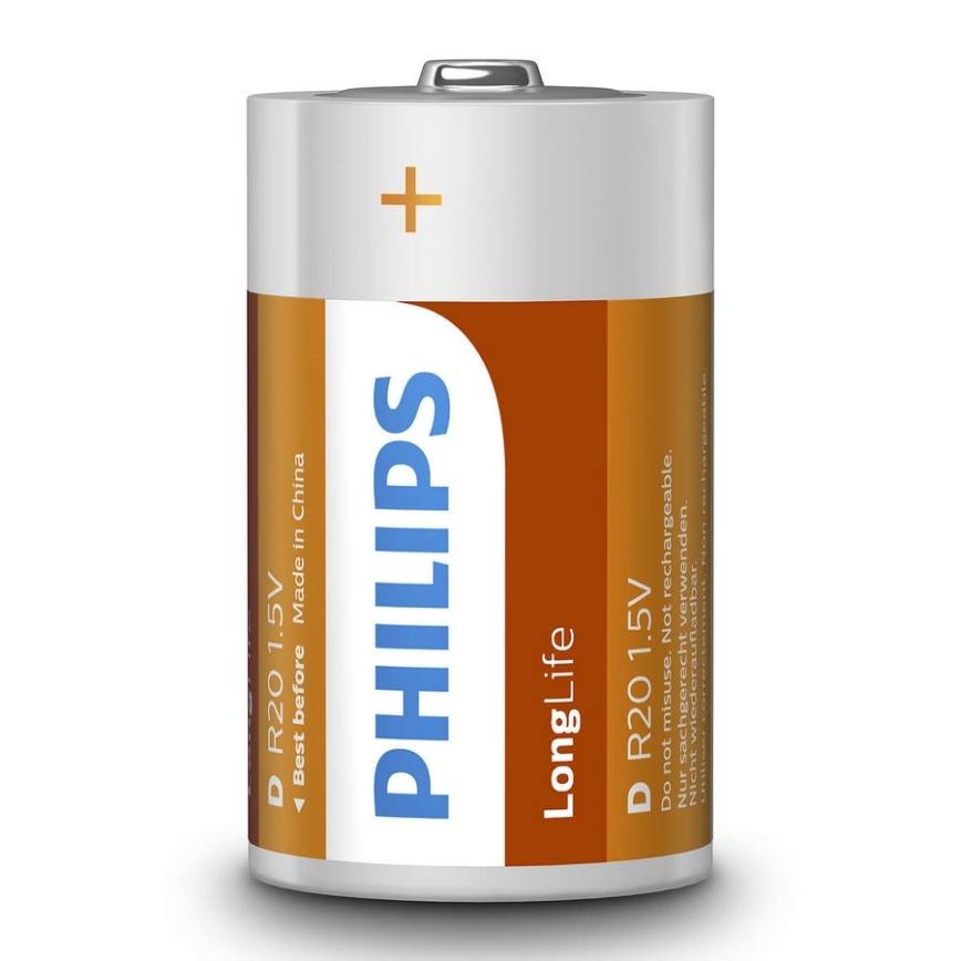 Philips R20L2B/10 - 2 kpl Sinkkikloridiparisto D LONGLIFE 1,5V 5000mAh