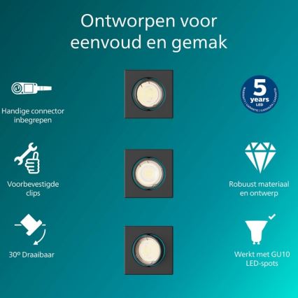 Philips - SETTI 3x Upotettava valaisin PERIDOT 1xGU10/7W/230V musta