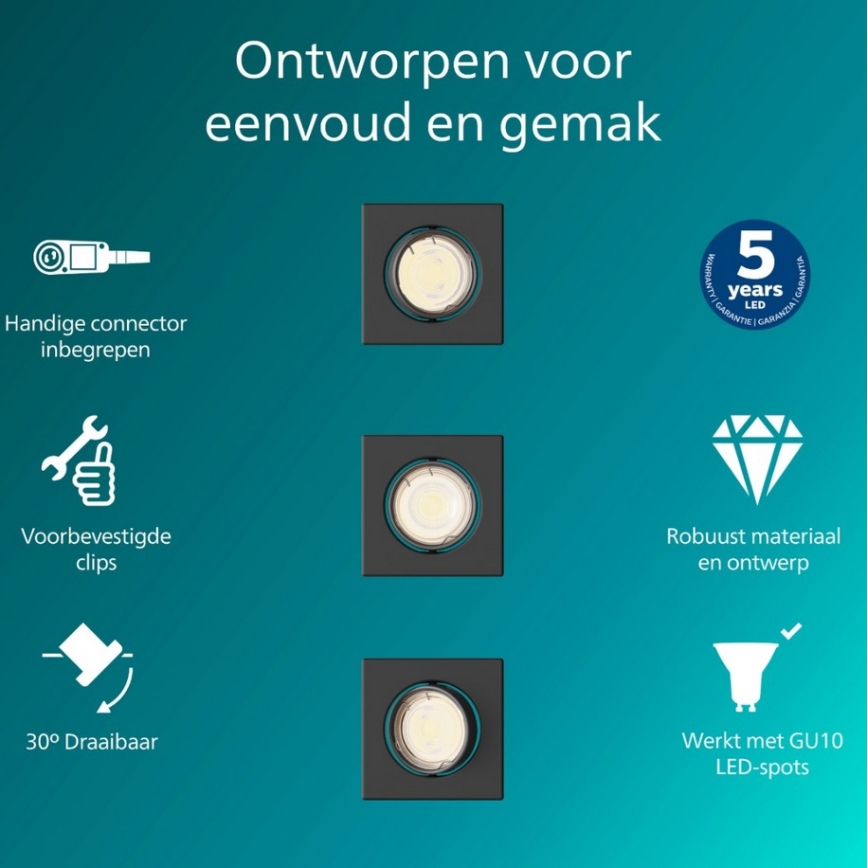 Philips - SETTI 3x Upotettava valaisin PERIDOT 1xGU10/7W/230V musta