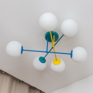 Pintakiinnitteinen kattokruunu MOON 6xE27/15W/230V turkoosi/keltainen/sininen