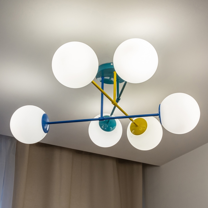 Pintakiinnitteinen kattokruunu MOON 6xE27/15W/230V turkoosi/keltainen/sininen