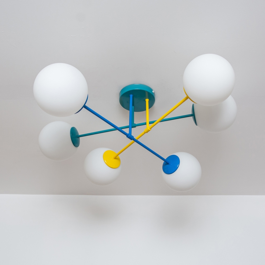 Pintakiinnitteinen kattokruunu MOON 6xE27/15W/230V turkoosi/keltainen/sininen