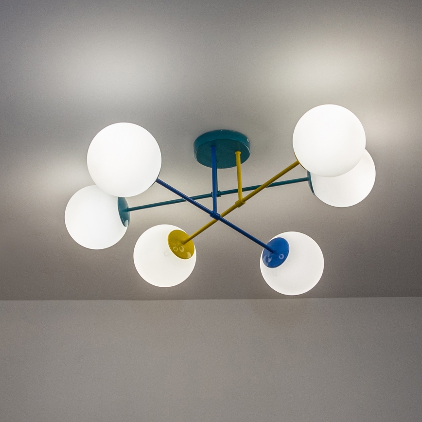 Pintakiinnitteinen kattokruunu MOON 6xE27/15W/230V turkoosi/keltainen/sininen