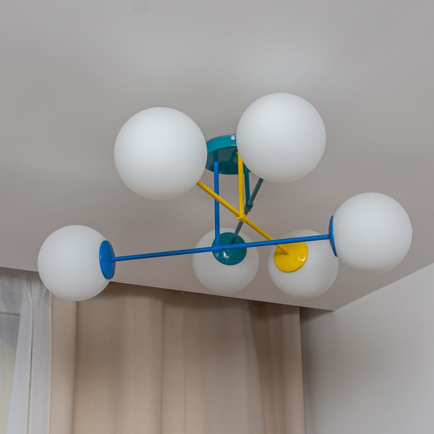 Pintakiinnitteinen kattokruunu MOON 6xE27/15W/230V turkoosi/keltainen/sininen