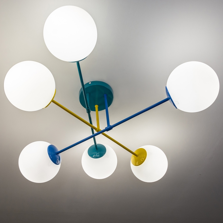 Pintakiinnitteinen kattokruunu MOON 6xE27/15W/230V turkoosi/keltainen/sininen