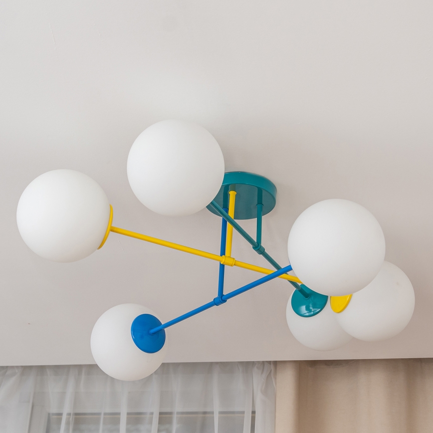 Pintakiinnitteinen kattokruunu MOON 6xE27/15W/230V turkoosi/keltainen/sininen