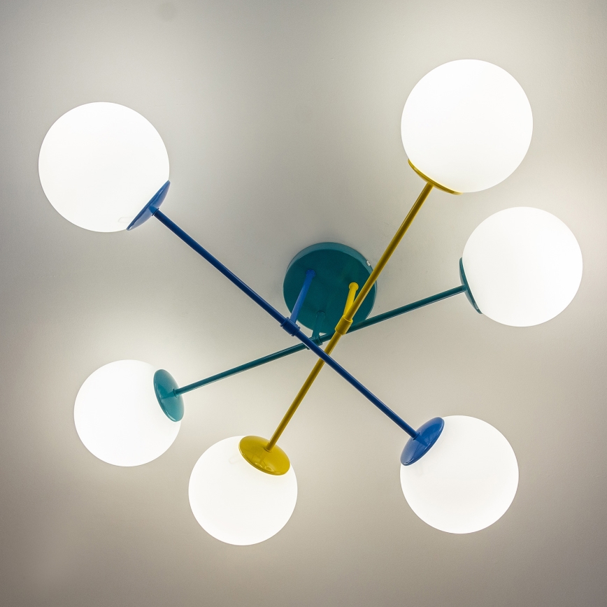 Pintakiinnitteinen kattokruunu MOON 6xE27/15W/230V turkoosi/keltainen/sininen