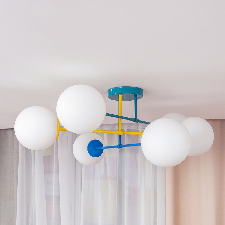 Pintakiinnitteinen kattokruunu MOON 6xE27/15W/230V turkoosi/keltainen/sininen