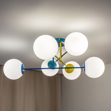 Pintakiinnitteinen kattokruunu MOON 6xE27/15W/230V turkoosi/keltainen/sininen