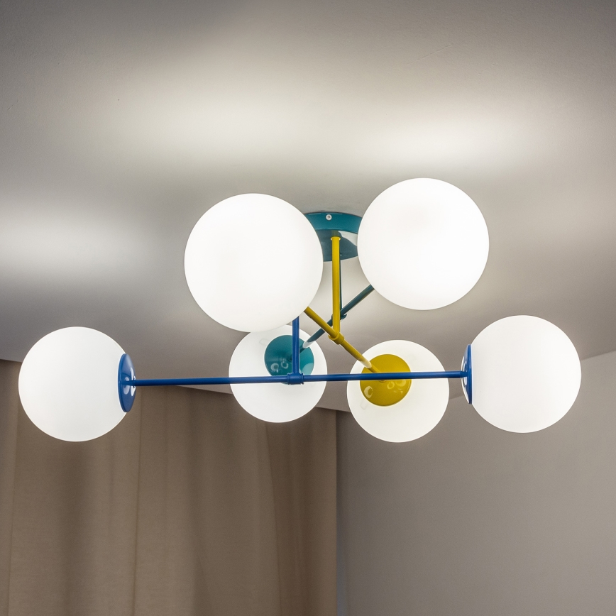 Pintakiinnitteinen kattokruunu MOON 6xE27/15W/230V turkoosi/keltainen/sininen