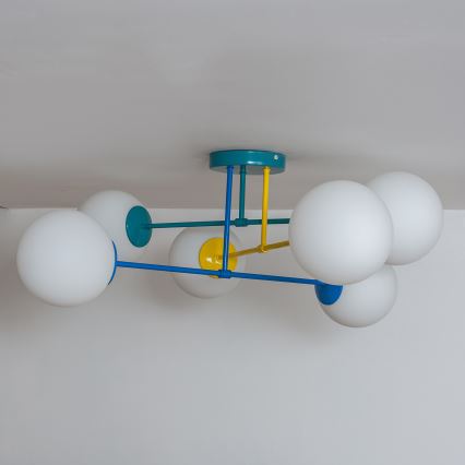 Pintakiinnitteinen kattokruunu MOON 6xE27/15W/230V turkoosi/keltainen/sininen