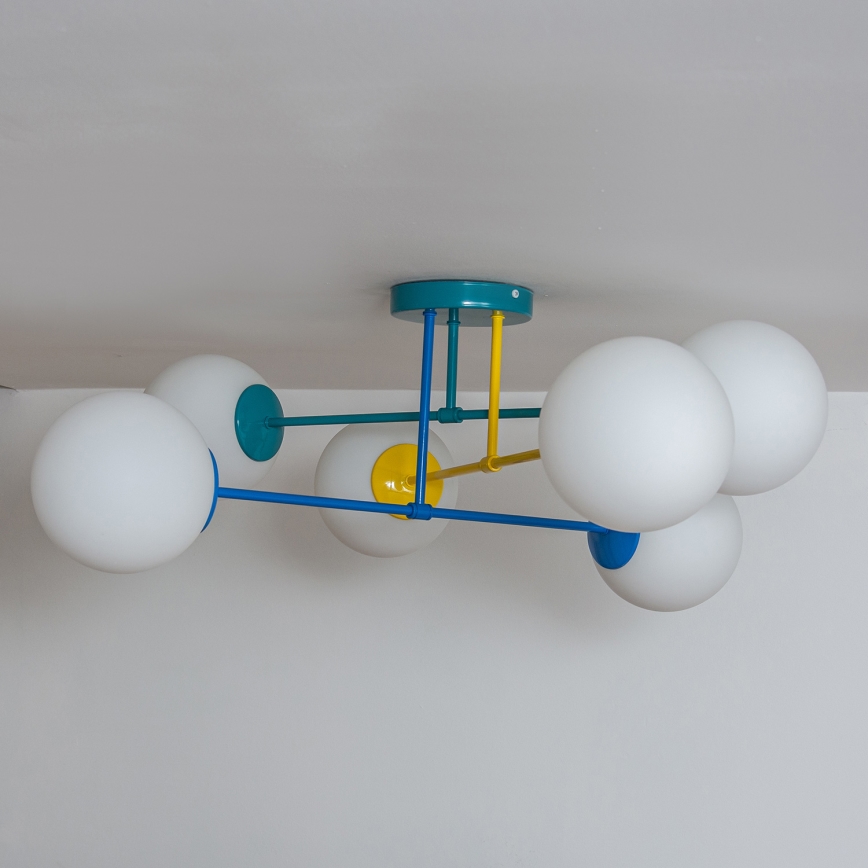 Pintakiinnitteinen kattokruunu MOON 6xE27/15W/230V turkoosi/keltainen/sininen