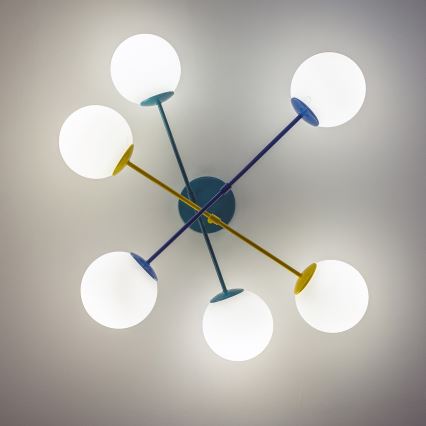 Pintakiinnitteinen kattokruunu MOON 6xE27/15W/230V turkoosi/keltainen/sininen