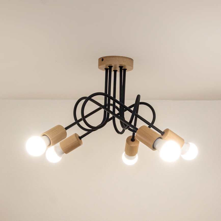 Pintakiinnitteinen kattokruunu OXFORD 5xE27/15W/230V, mänty/musta