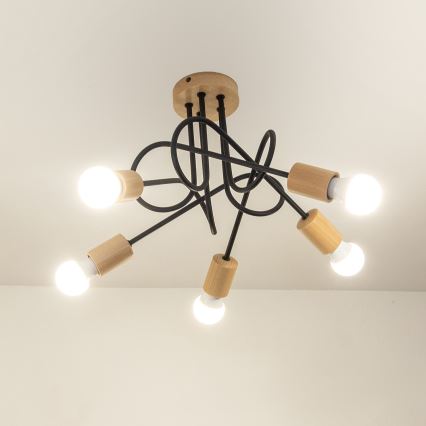 Pintakiinnitteinen kattokruunu OXFORD 5xE27/15W/230V, mänty/musta