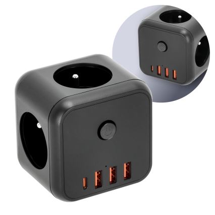 Pistokkeen jakaja kytkimellä LINEA 3x230V + 4xUSB A/C musta