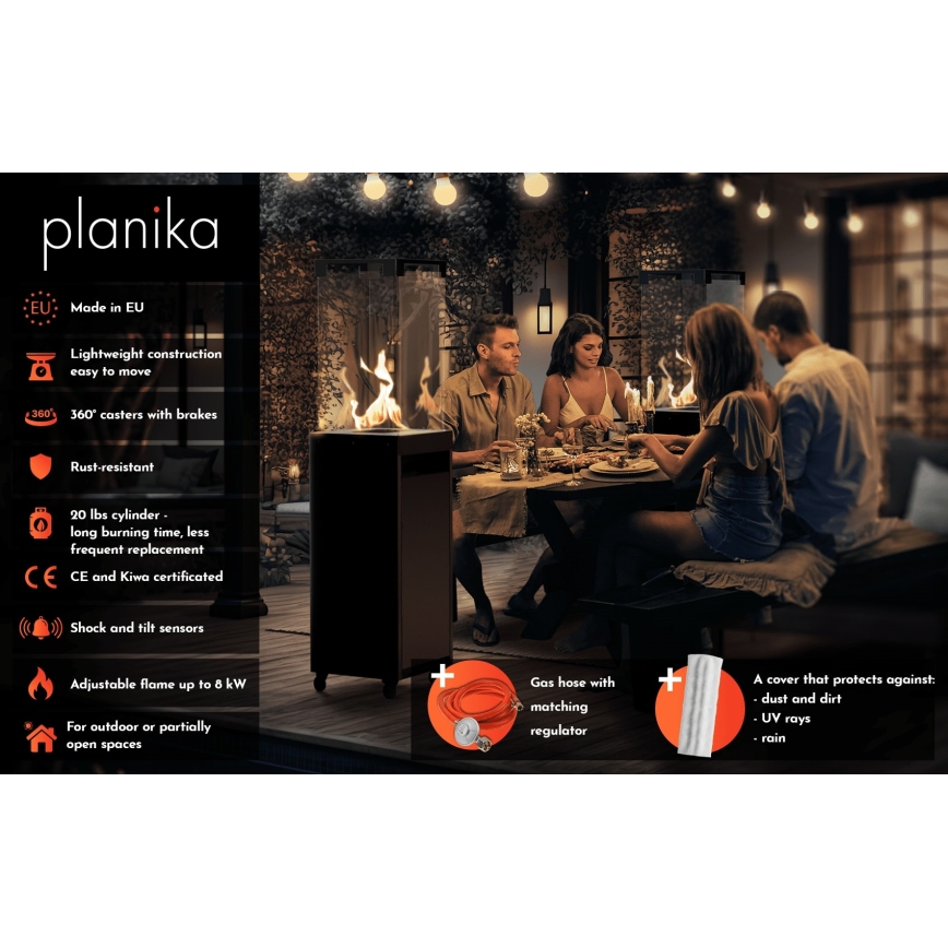 Planika - Ulkokäyttöinen kaasutakka 142x36 cm 8kW 1xAAA musta + suojapeite