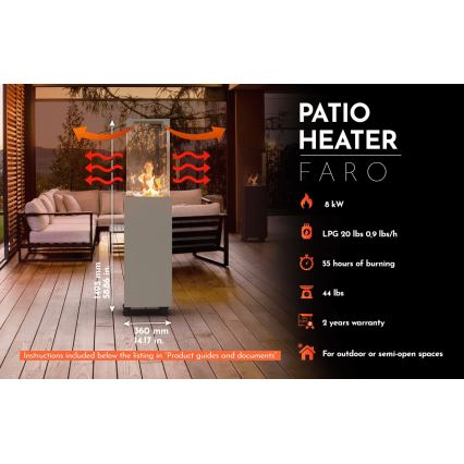 Planika - Ulkotila kaasu takka 142x36 cm 8kW 1xAAA harmaa + suojus