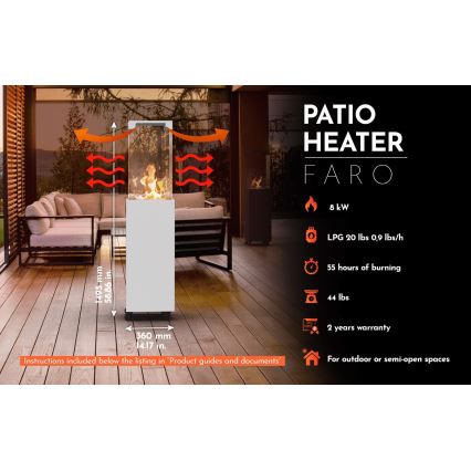 Planika - Ulkotila kaasu takka 142x36 cm 8kW 1xAAA valkoinen + suojus