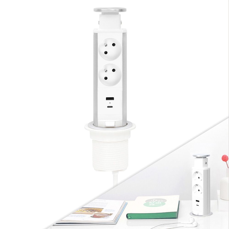 Pöytään asennettava pistorivipylväs 2×230 V + USB-A + USB-C