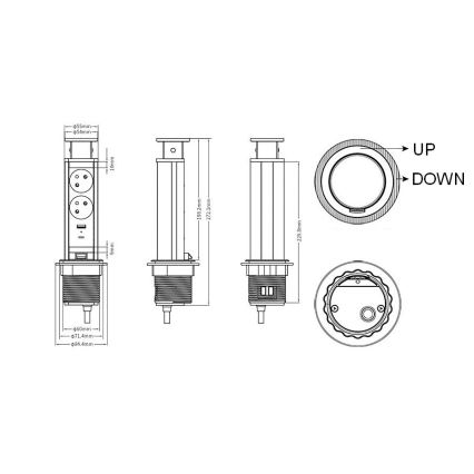 Pöytään asennettava pistorivipylväs 2×230 V + USB-A + USB-C