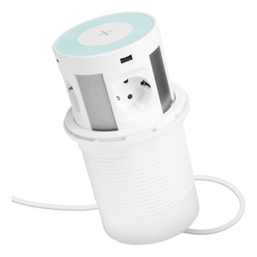 Pöytään kiinnitettävä pistorivipylväs langattomalla latauksella – 4×230 V + 2×USB-A + 2×USB-C, valkoinen