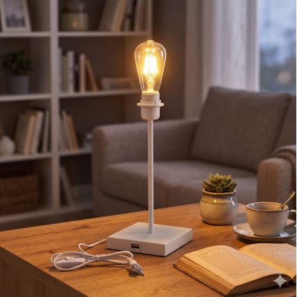 Pöytälamppu USB-portilla 1xE27/15W/230V valkoinen