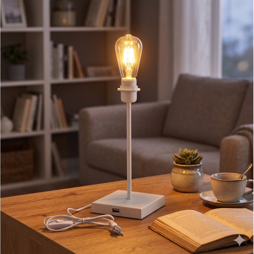 Pöytälamppu USB-portilla 1xE27/15W/230V valkoinen
