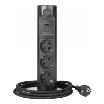 Pöytälevyyn asennettava pistorasiapylväs 3×230 V + USB-A + USB-C, musta