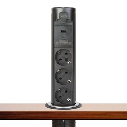 Pöytälevyyn asennettava pistorasiapylväs 3×230 V + USB-A + USB-C, musta