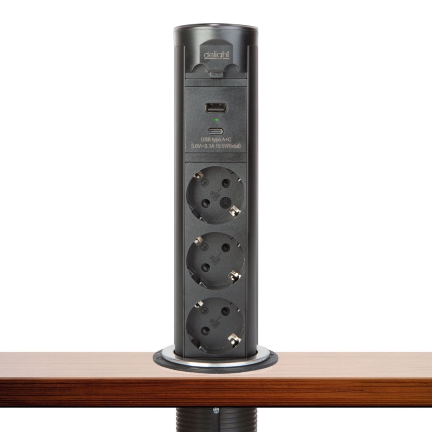 Pöytälevyyn asennettava pistorasiapylväs 3×230 V + USB-A + USB-C, musta