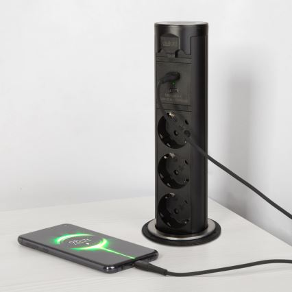Pöytälevyyn asennettava pistorasiapylväs 3×230 V + USB-A + USB-C, musta