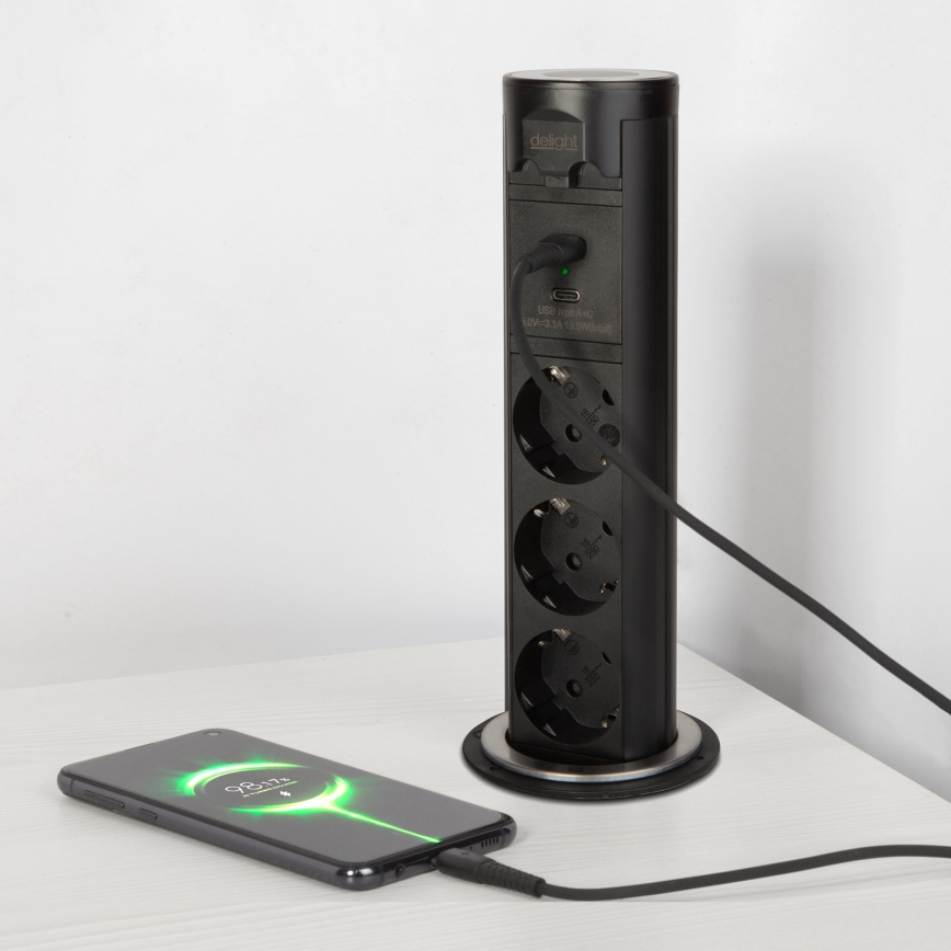 Pöytälevyyn asennettava pistorasiapylväs 3×230 V + USB-A + USB-C, musta